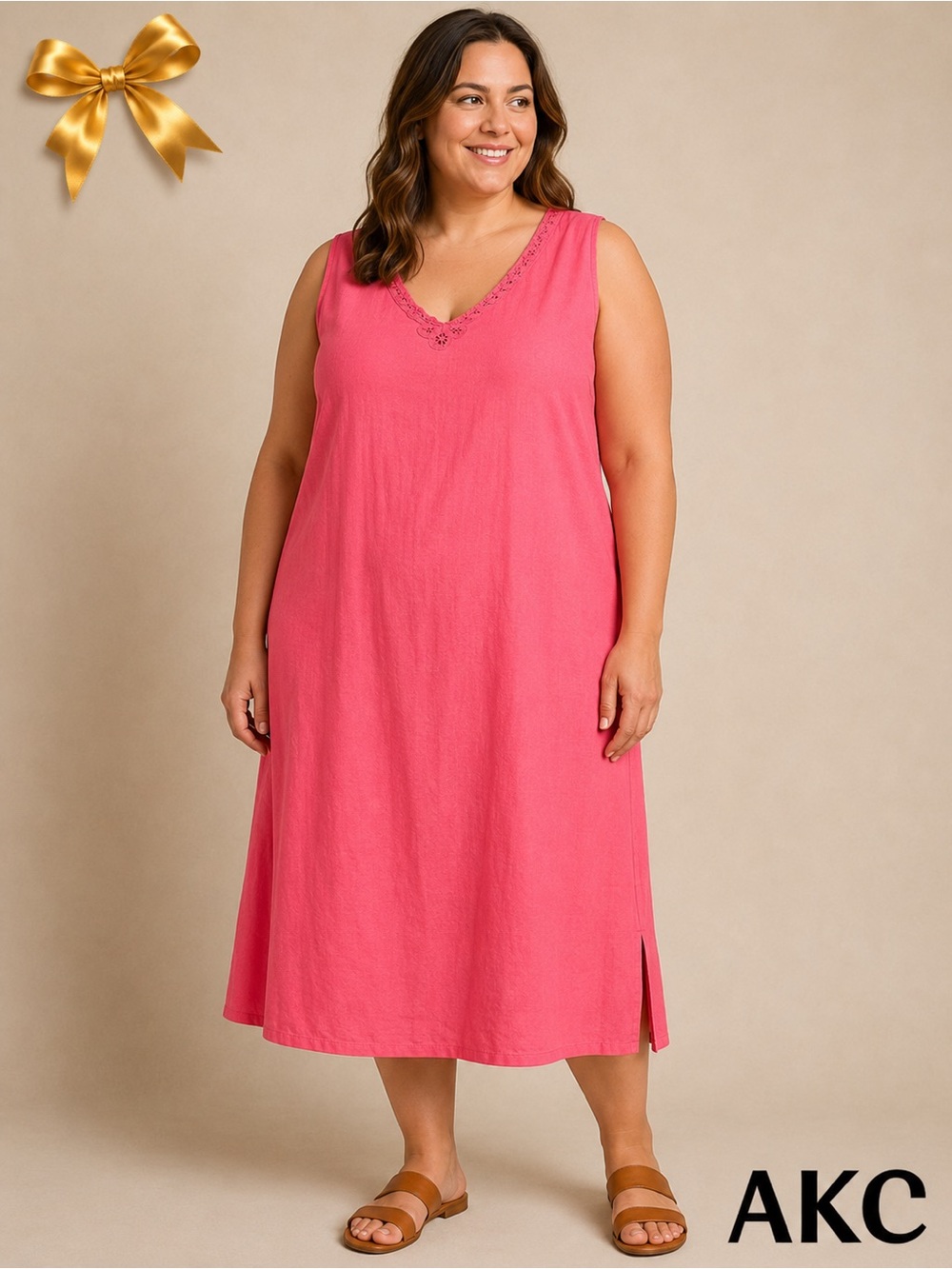 Vintage A.K.C. Coral Pink Linen Blend Midi Dress XL Crochet Trim